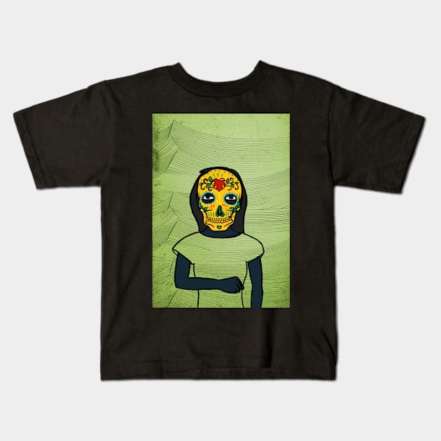 CZ - Dark-Eyed Female Character with Mexican Mask and Waves Background Kids T-Shirt by Hashed Art